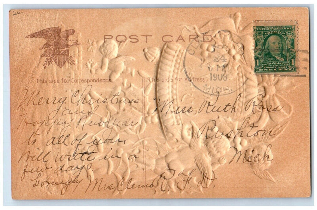 1908 Christmas Bare Butt Floating Angels Head Embossed Posted Antique Postcard