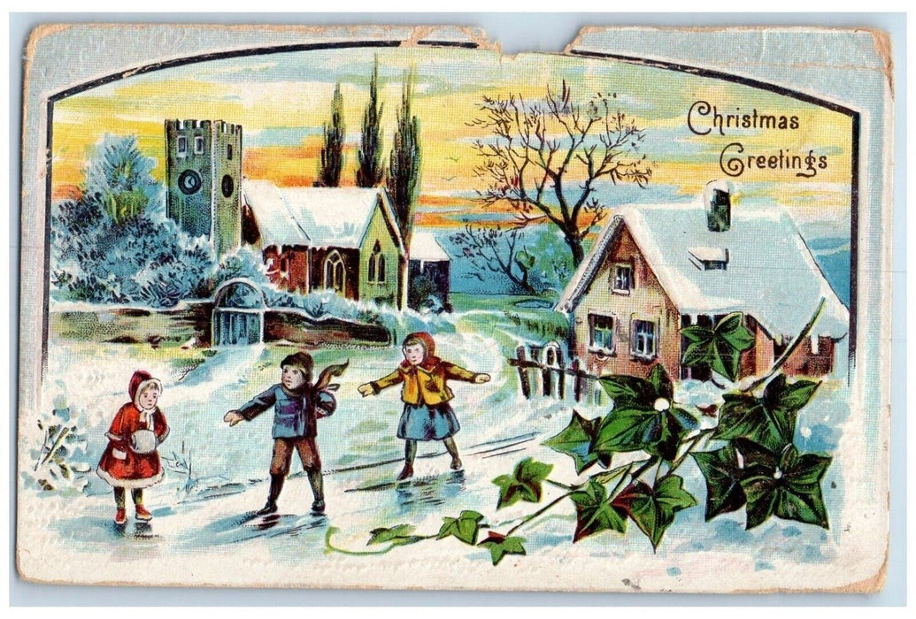 1909 Christmas Greetings Girls Boy Ice Skating Embossed Posted Antique Postcard