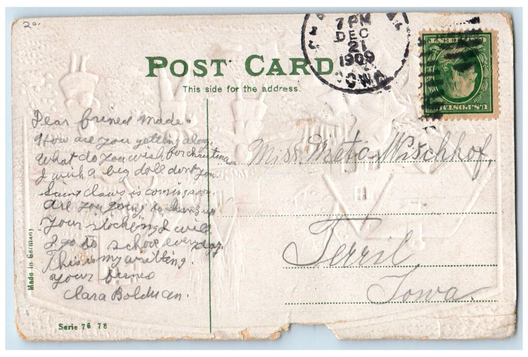 1909 Christmas Greetings Girls Boy Ice Skating Embossed Posted Antique Postcard
