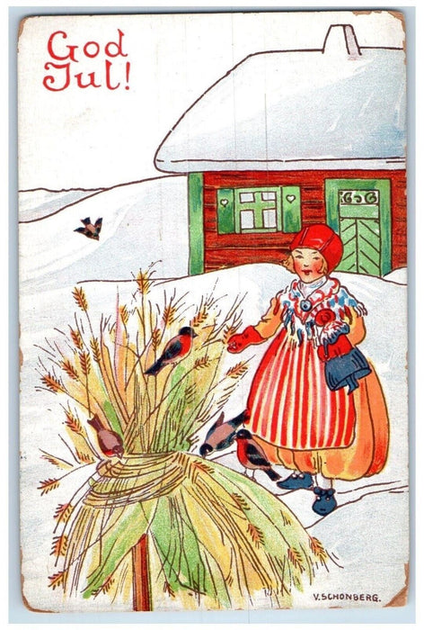 1910 Merry Christmas Girl Feed The Birds Winter Snow Posted Antique Postcard
