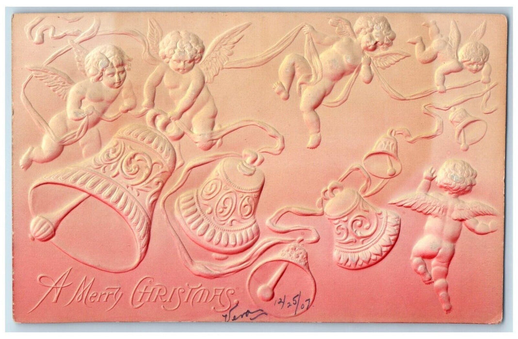 1907 Christmas Floating Angels Cherub Ringing Bells Airbrushed Embossed Postcard