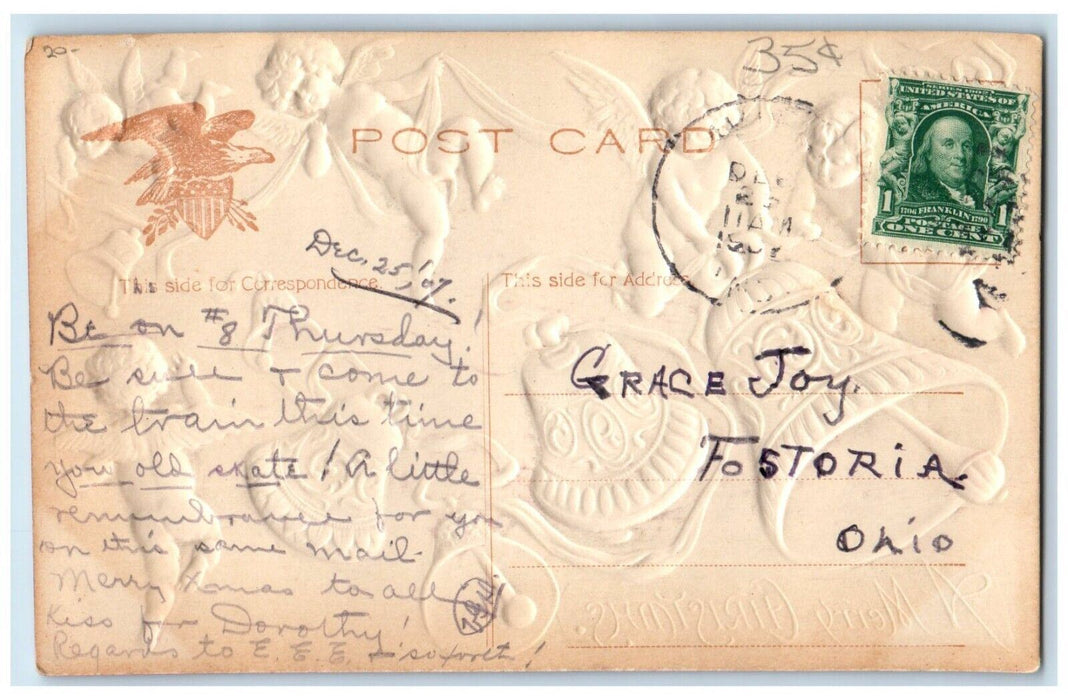1907 Christmas Floating Angels Cherub Ringing Bells Airbrushed Embossed Postcard