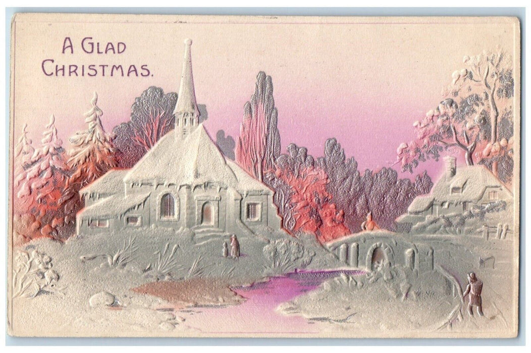 1912 Christmas House Church Bridge River Airbrushed Bellevue Ohio OH Postcard