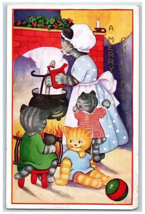 c1910's Christmas Anthropomorphic Cats Fireplace Cooking Antique Postcard