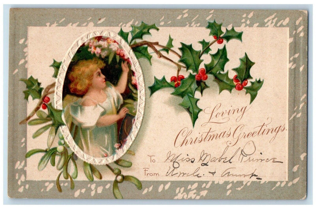c1905 Christmas Greetings Girl Holly Berries Embossed Unposted Antique Postcard