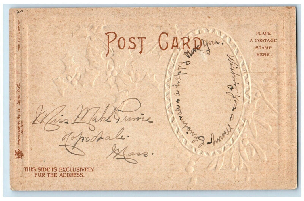 c1905 Christmas Greetings Girl Holly Berries Embossed Unposted Antique Postcard