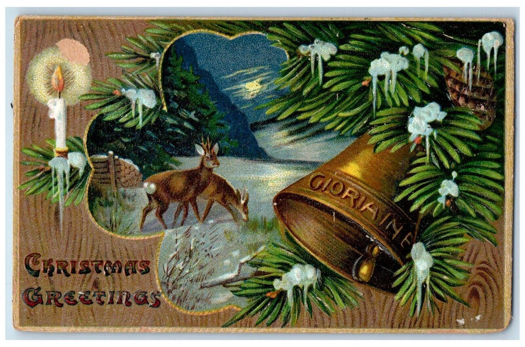 1909 Christmas Greetings Pine Cone Reindeer Candle Winter Snow Embossed Postcard