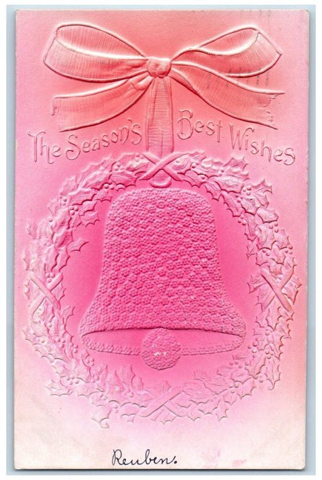 1909 Christmas Wreath Giant Bell Airbrushed Embossed Posted Antique Postcard