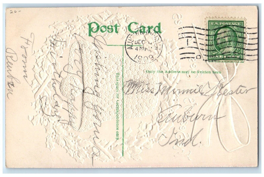 1909 Christmas Wreath Giant Bell Airbrushed Embossed Posted Antique Postcard