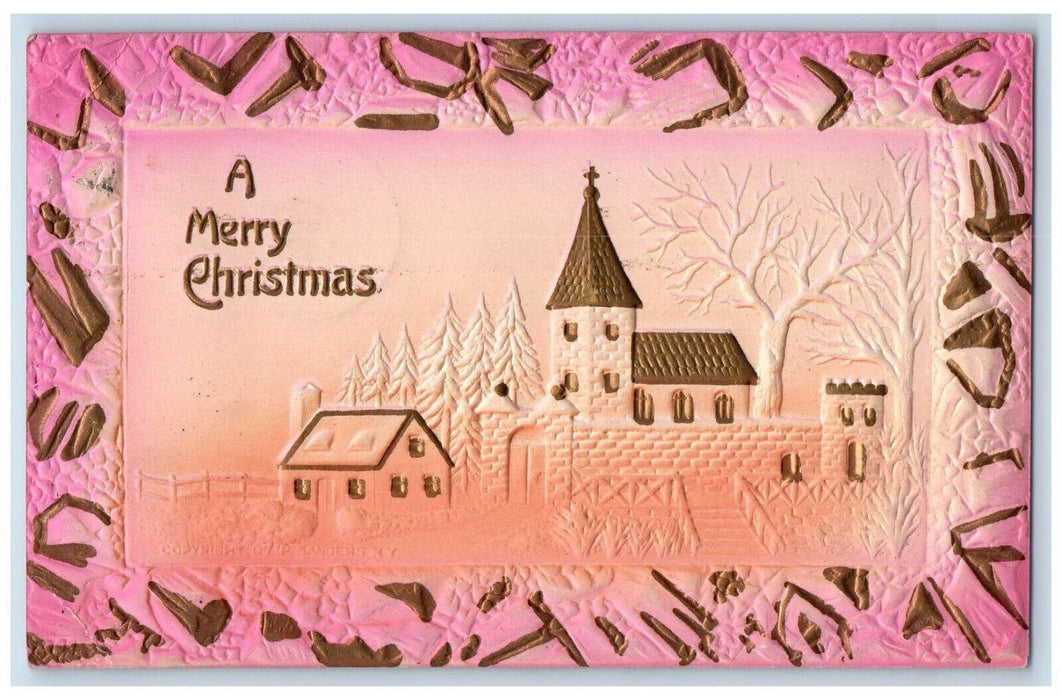 1908 Christmas House Church Pine Tree Airbrushed Embossed Antique Postcard