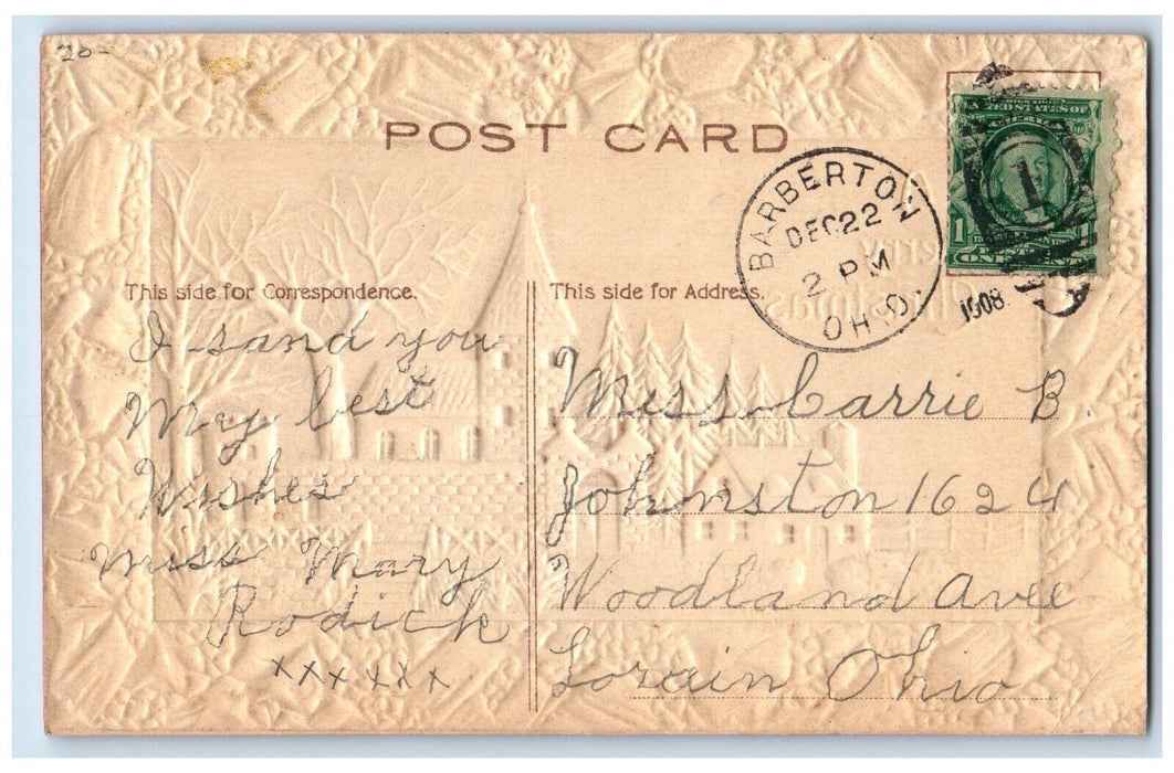 1908 Christmas House Church Pine Tree Airbrushed Embossed Antique Postcard