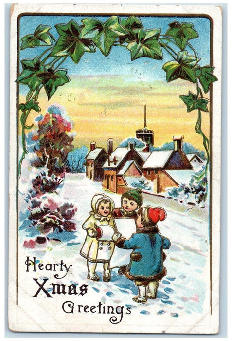 c1910's Christmas Greetings Childrens Warmer Winter Embossed Antique Postcard