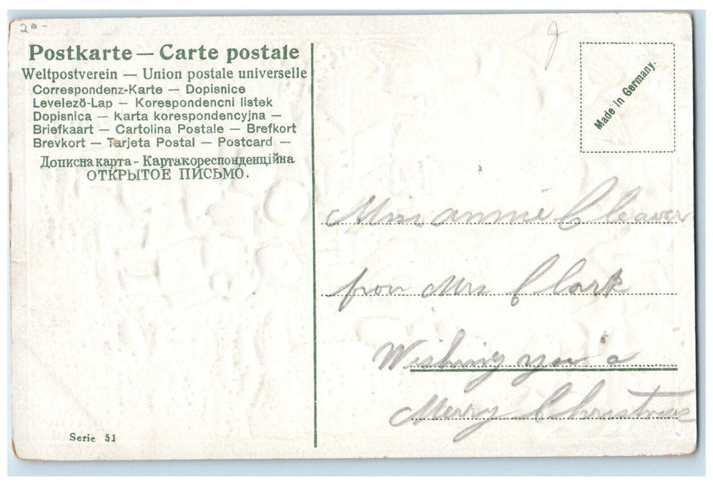 c1910's Christmas Greetings Childrens Warmer Winter Embossed Antique Postcard