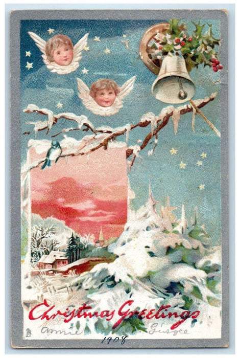c1910's Christmas Greetings Angels Head Holly Bell Bird Embossed Tuck's Postcard