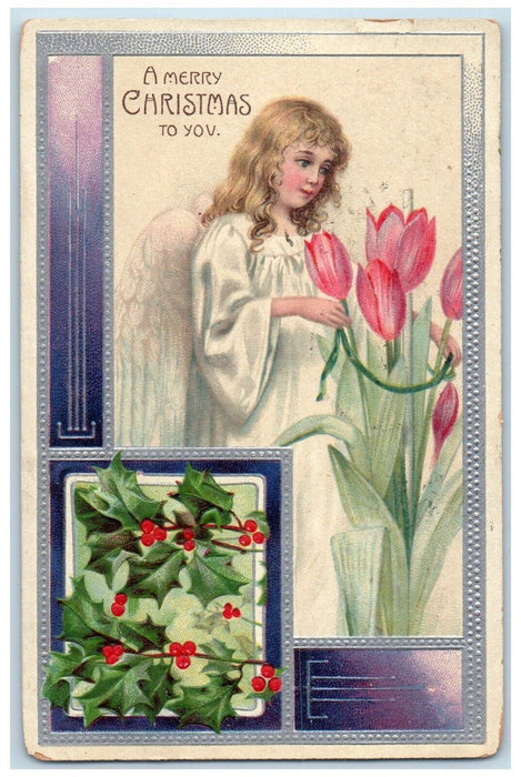 1907 Christmas Angel Tulips Flowers Holly Berries Embossed Antique Postcard