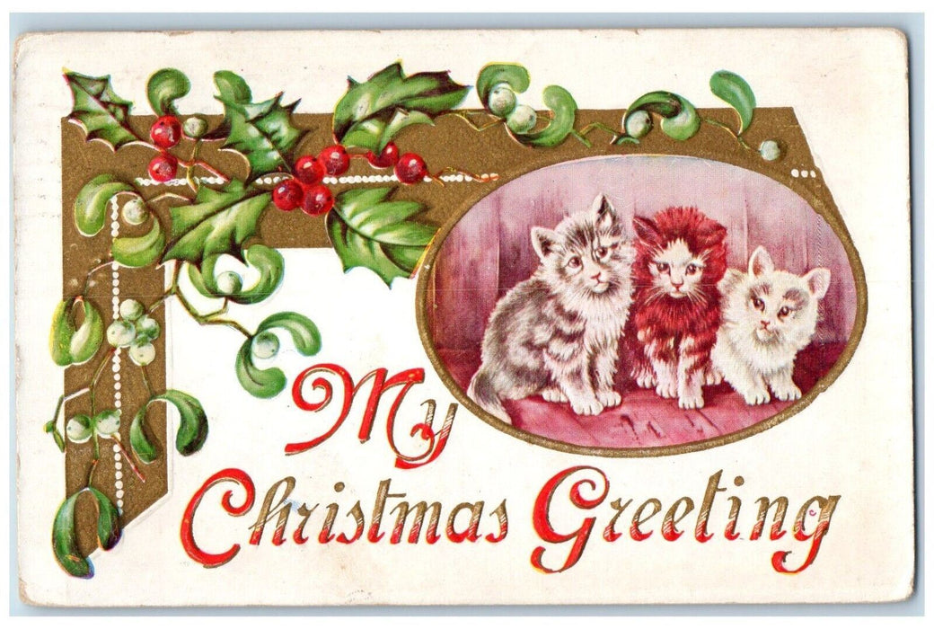 1911 Christmas Greetings Cat Kittens Holly Embossed Posted Antique Postcard