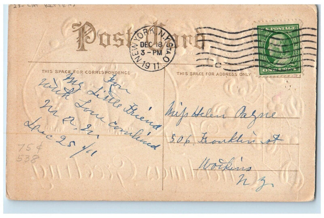 1911 Christmas Greetings Cat Kittens Holly Embossed Posted Antique Postcard