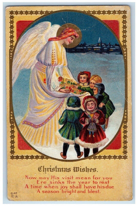 c1910's Christmas Wishes Angel Giving Toys Childrens Embossed Antique Postcard