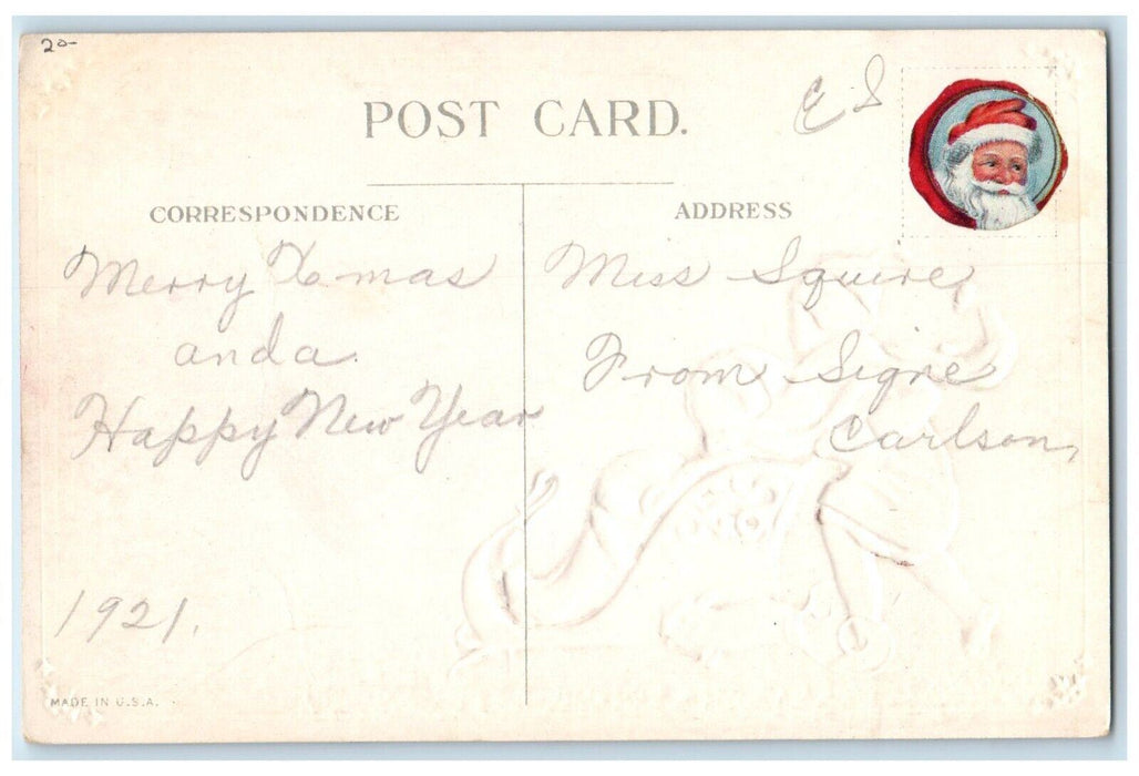 c1910's Christmas Boy Sled Santa Girl Dog Winter Snow Embossed Antique Postcard