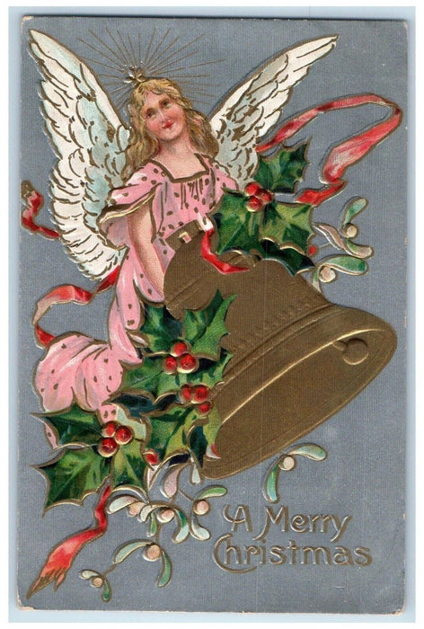 c1910's Christmas Angel Carrying Giant Bell Holly Embossed Antique Postcard
