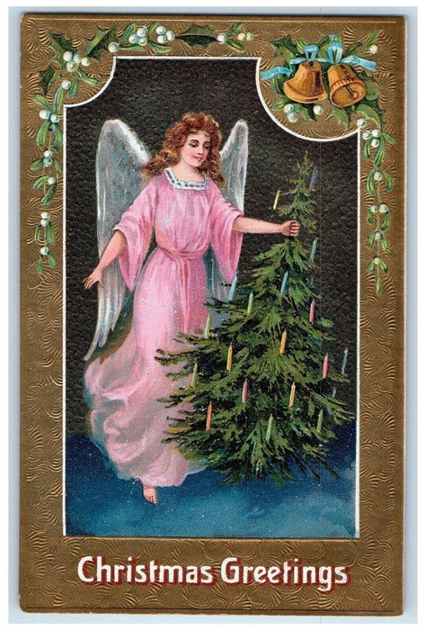Christmas Greetings Angel Holding Christmas Tree Holly Bell Embossed Postcard