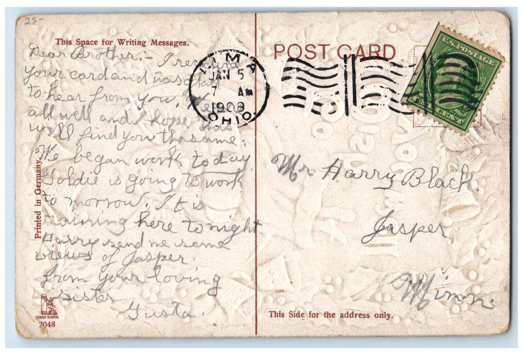 1908 Christmas Angel Handwarmer Crescent Moon Holly Bells Embossed Postcard