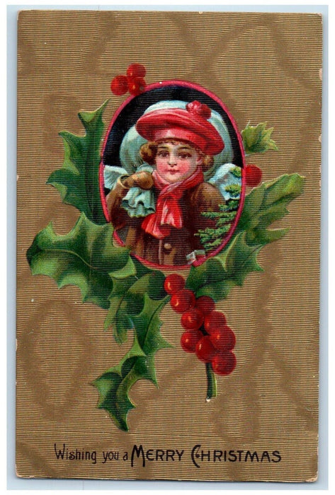1910 Christmas Boy Angel Sack Of Toys Holly Berries Embossed Antique Postcard