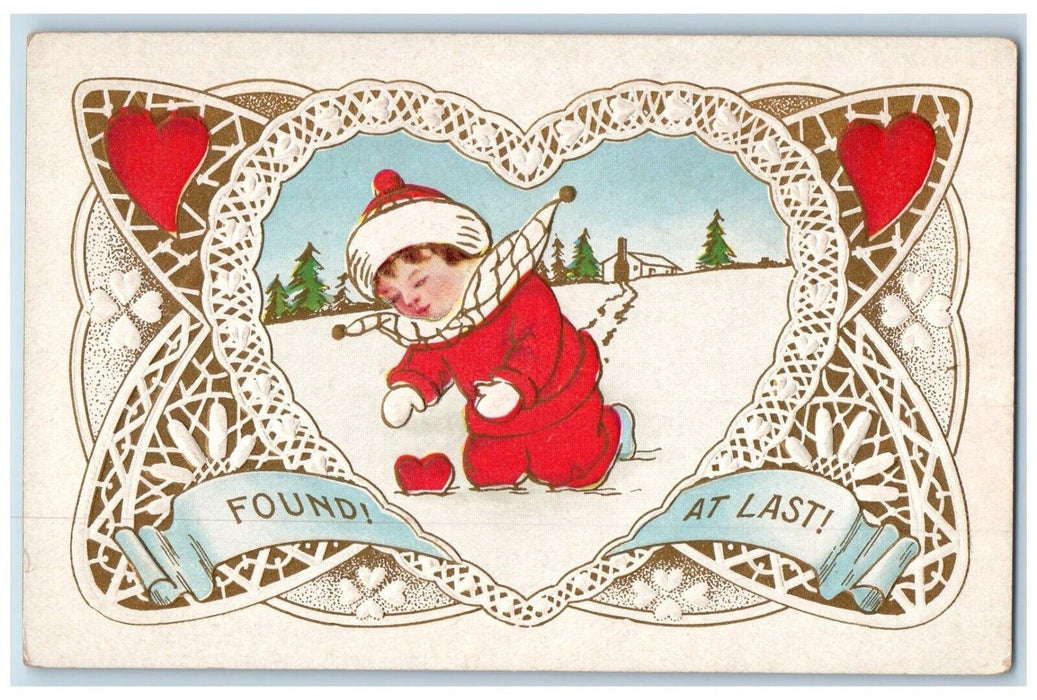 c1910's Christmas Valentines Little Boy Heart Fell Winter Snow Embossed Postcard