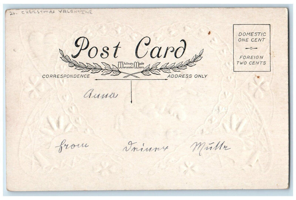 c1910's Christmas Valentines Little Boy Heart Fell Winter Snow Embossed Postcard