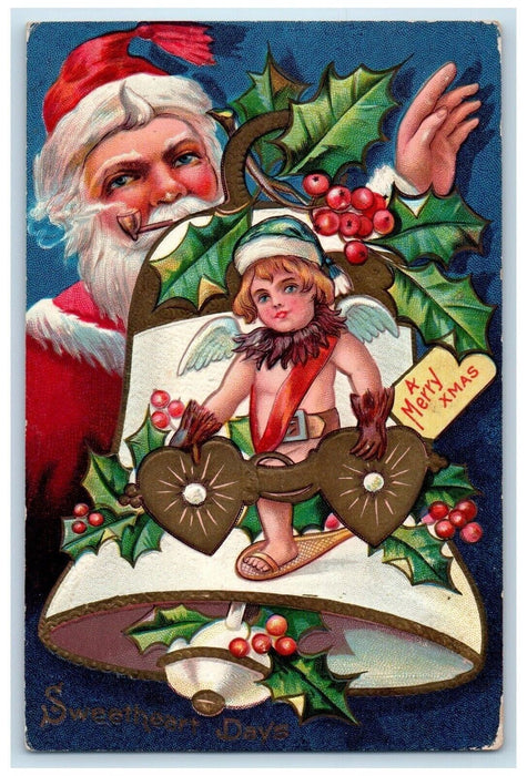 c1910's Christmas Santa Claus Holly Giant BellWinsch Back Embossed Postcard