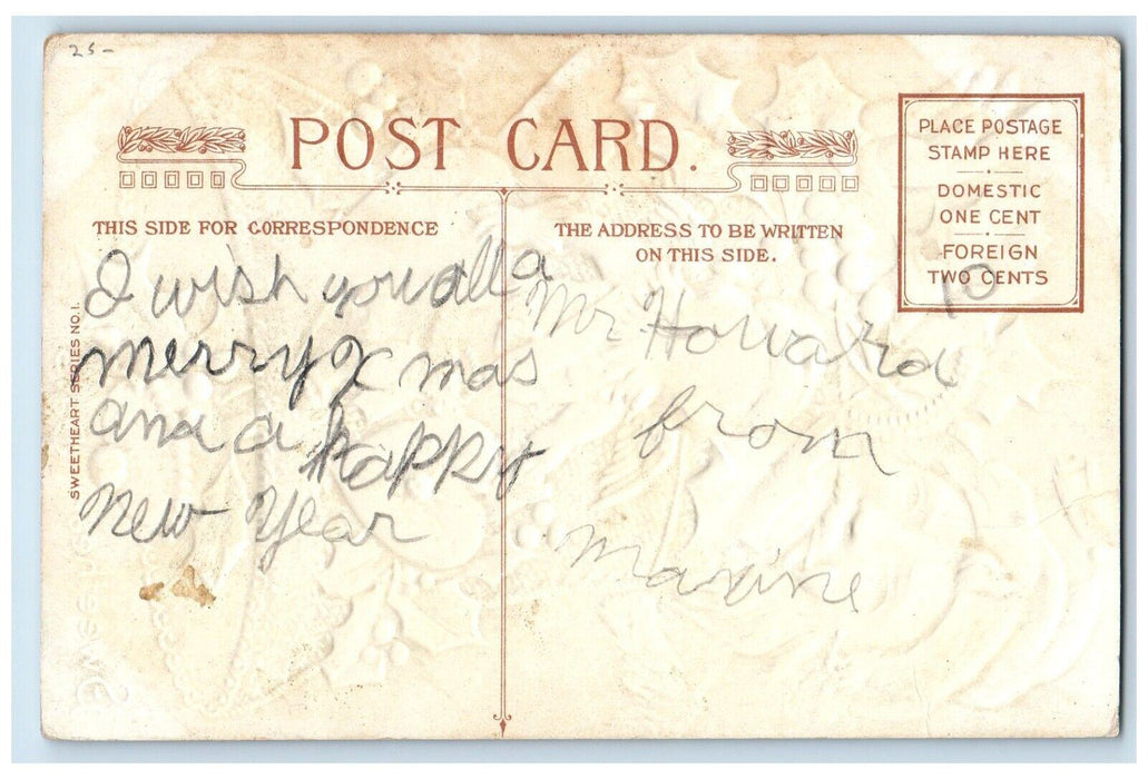 c1910's Christmas Santa Claus Holly Giant BellWinsch Back Embossed Postcard