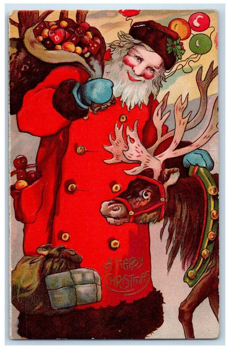 Christmas Santa Claus Reindeer Sack Of Toys Winsch Back Embossed Postcard