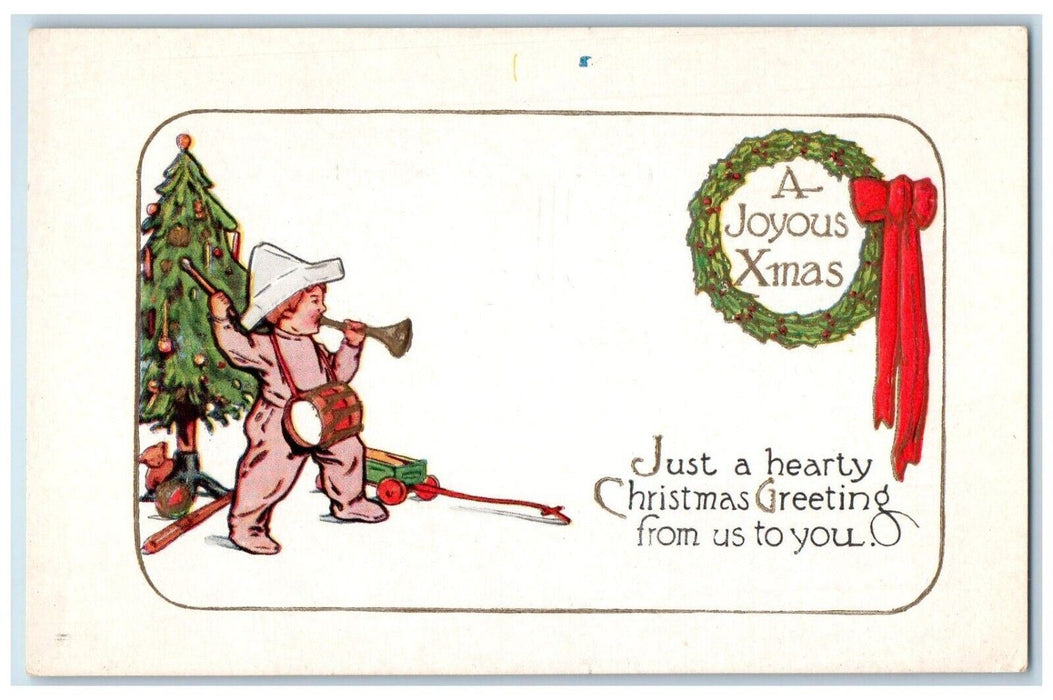 c1910's Christmas Greetings Boy Trumpet Wreath Christmas Tree Toys Postcard