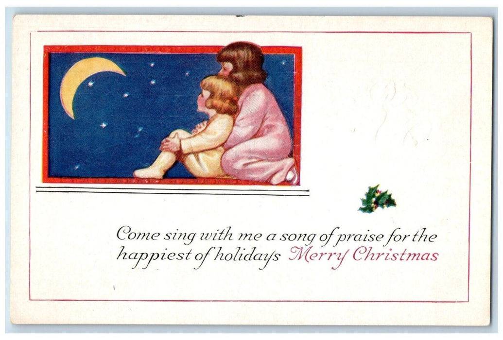 c1910's Christmas Mother And Daughter Watching Crescent Moon Stars Postcard