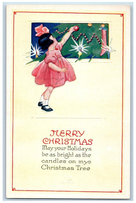 c1910's Christmas Little Girl Decorating Christmas Tree Balls Candles Postcard
