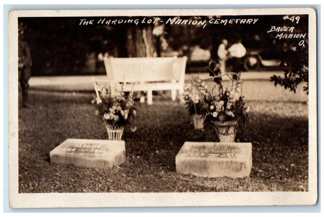 c1920's Harding Lot Flowers Bench Cemetery Marion Ohio OH RPPC Photo Postcard