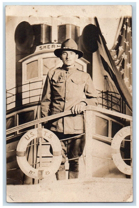 c1920's Studio Portrait Military Man Flag Ship RPPC Unposted Photo Postcard