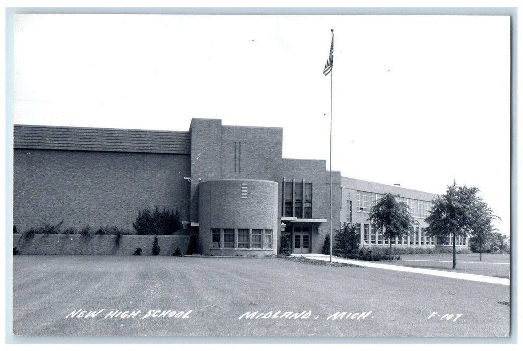 c1940's New High School Flag Midland Michigan MI RPPC Photo Postcard