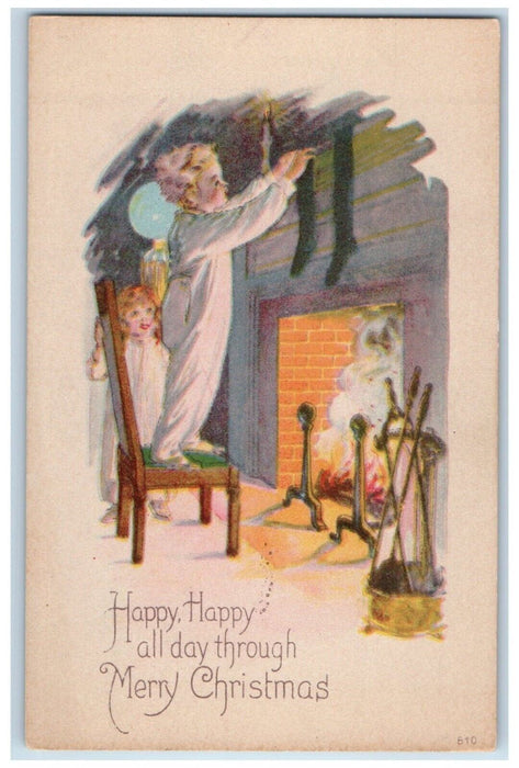 c1910's Christmas Boy And Girl Hanging Stockings Fireplace Antique Postcard