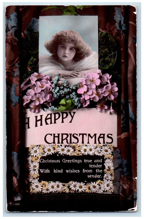 c1910's Christmas Little Girl Curly Hair Pink White Flowers Gel Antique Postcard