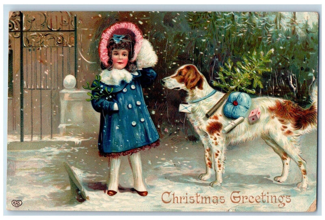 c1910's Christmas Greetings Little Girl And Dog Toys Winter Snow Gel Postcard