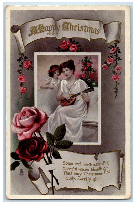 Christmas Mother Daughter Playing Guitar Red Pink Rose Gel Tuck's Postcard