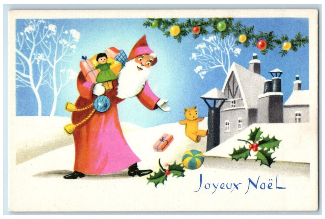 Christmas Joyeux Noel Santa Claus With Gift Toys Holly Balls France Postcard