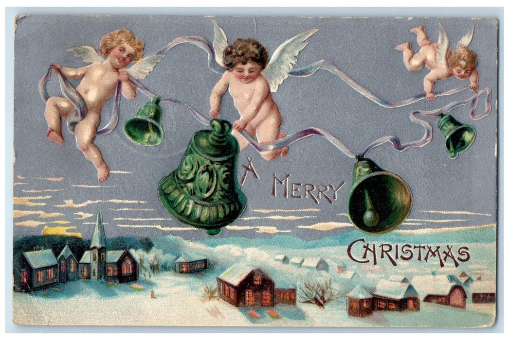 1907 Christmas Floating Angels Cherub Ringing Bells Winter Snow Houses Postcard