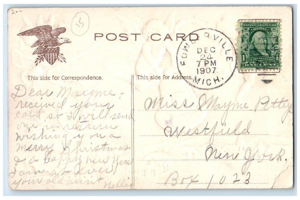 1907 Christmas Floating Angels Cherub Ringing Bells Winter Snow Houses Postcard