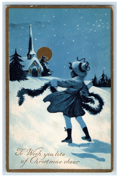 c1910's Christmas Girl Holding Garland Winter Snow Covered House Moon Postcard