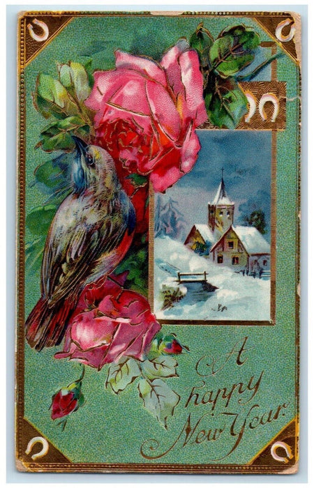 1911 New Year Pink Rose Flowers Bird Winter Snow House Gel Gold Gilt Postcard