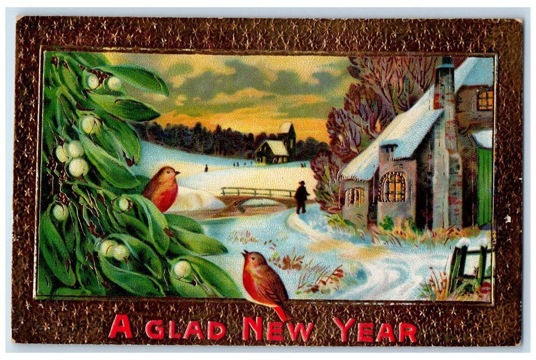 c1910's New Year Holly Singing Birds Winter Snow Gel Gold Gilt Embossed Postcard