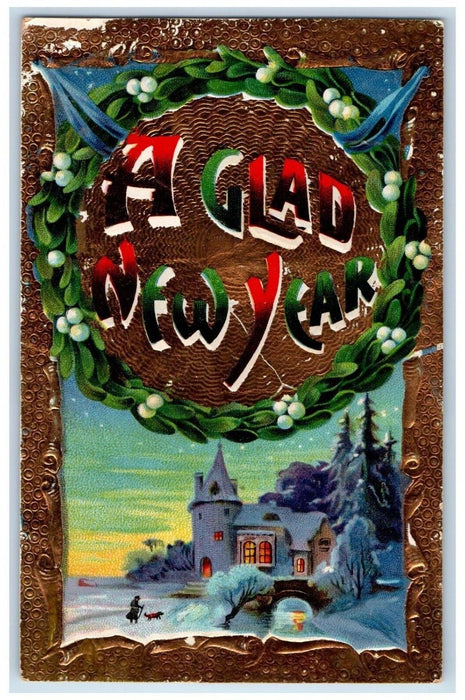 c1910's New Year Holly Wreath Winter Snow Gel Gold Gilt Embossed Postcard