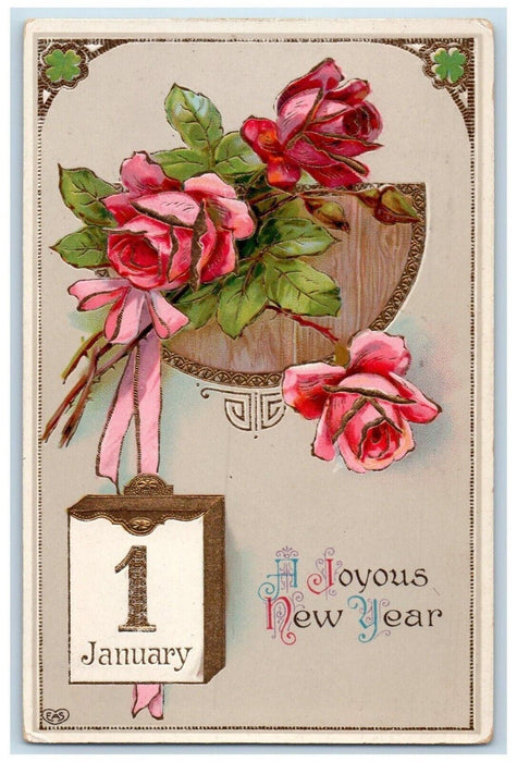 1915 New Year January 1 Pink Roses Gel Gold Gilt Embossed Kalamazoo MI Postcard